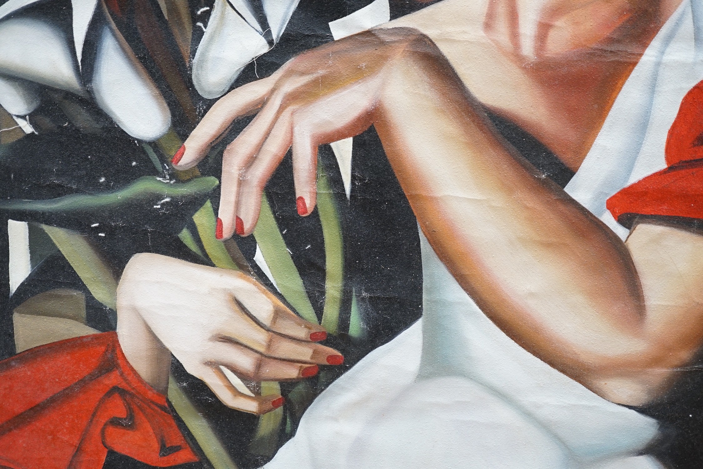 After Tamara de Lempicka, oil on canvas, Woman holding lilies, 99 x 69cm, unframed